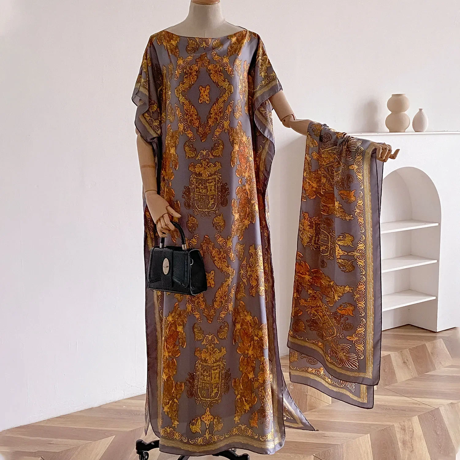 

New Fashio Floral Pattern Satin Design long dress oversized Famous Brand Loose Summertime Sun protection Shawl For Lady/Women