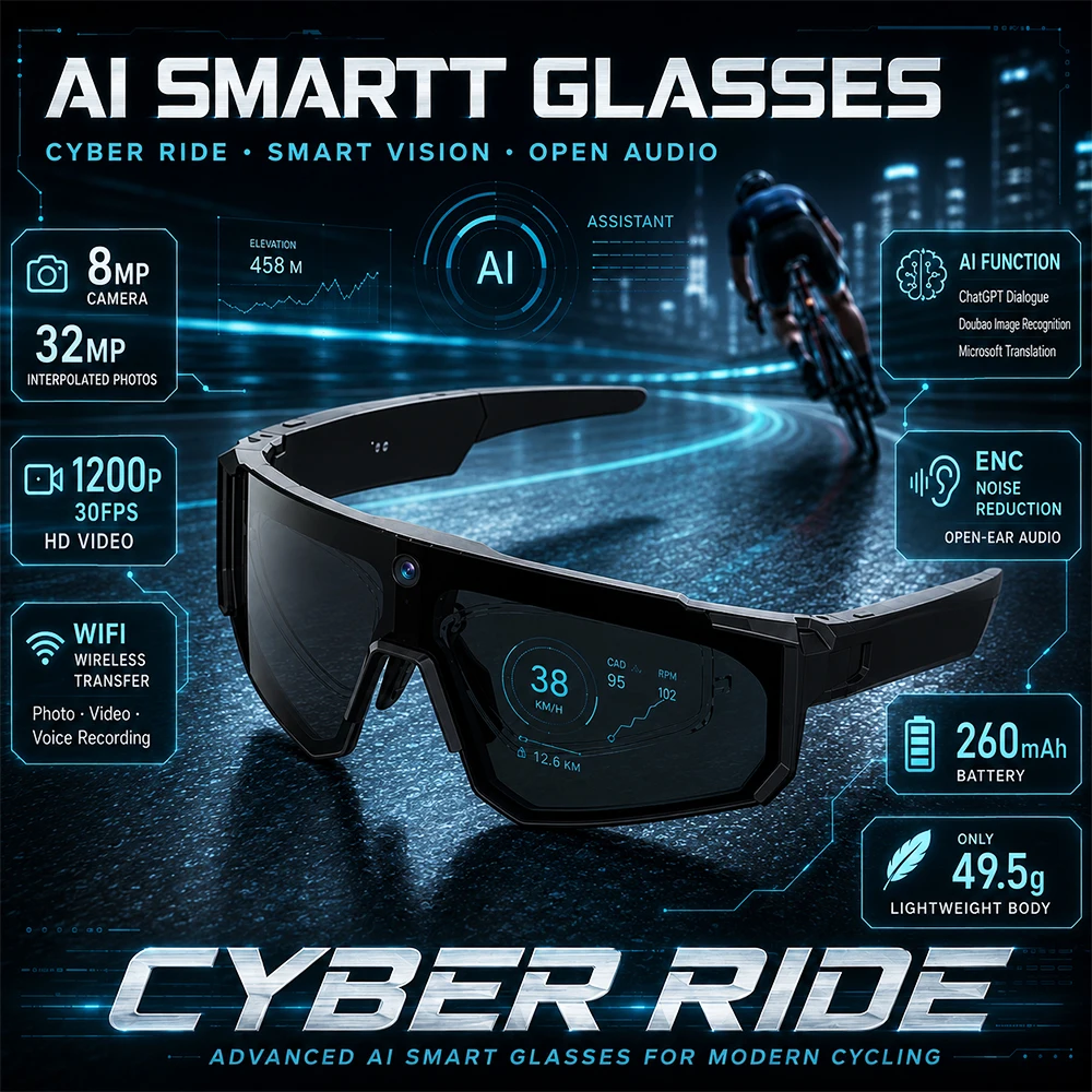 Smart Video Sunglasses 1200P 30fps Action Camera 32GB WiFi App Transfer Dual Anti-Shake AI Object Identify Fast Charge Glasses