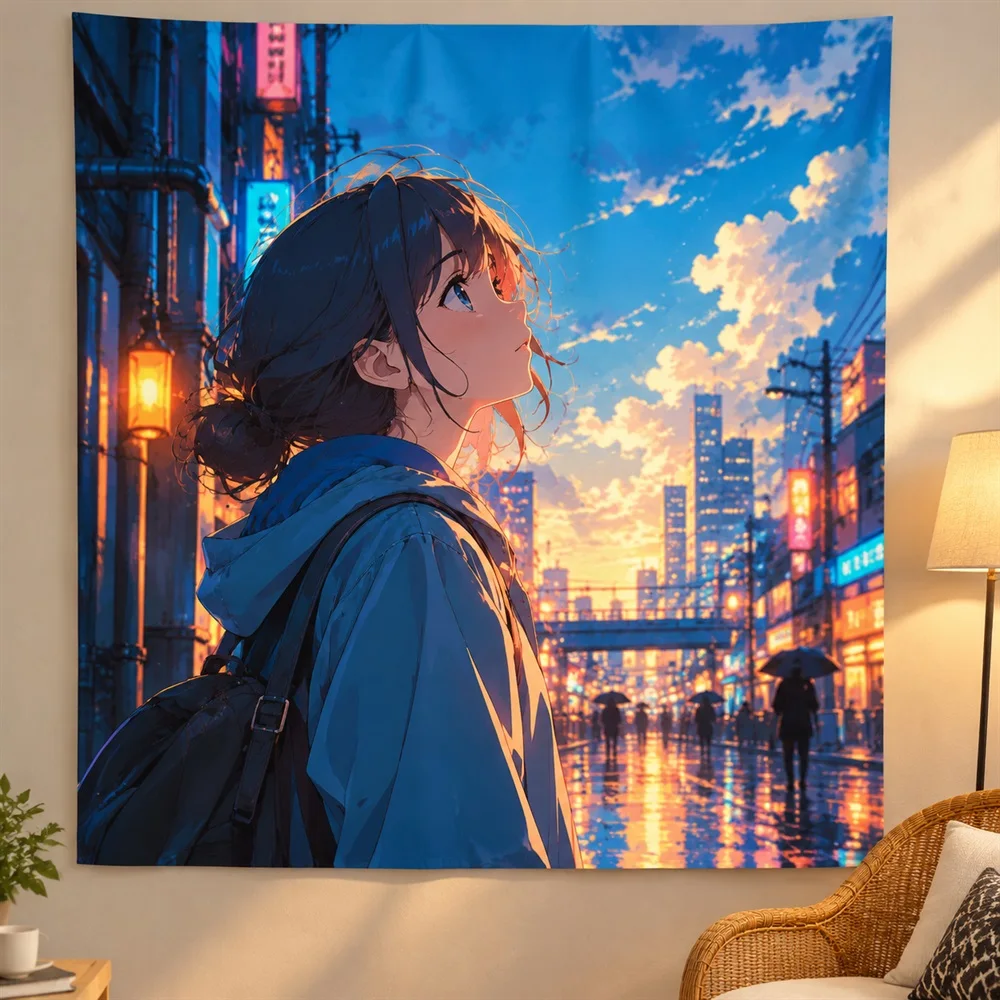VIKAMA Neon Cyber Street Anime Tapestry Wall Hanging, Aesthetic Cyberpunk Anime Room Decor Tapestries for Bedroom Living Room