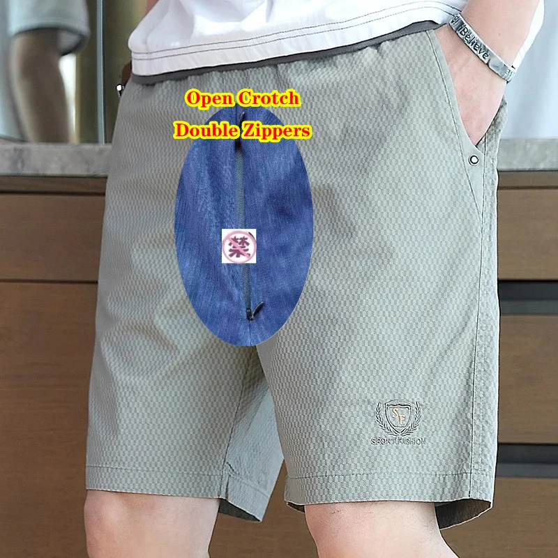 Open Crotch Men Pants Sexy Board Shorts Breathable Loose Hidden Zipper Casual Leggings Gay Sissy Knee Length Sport Shorts