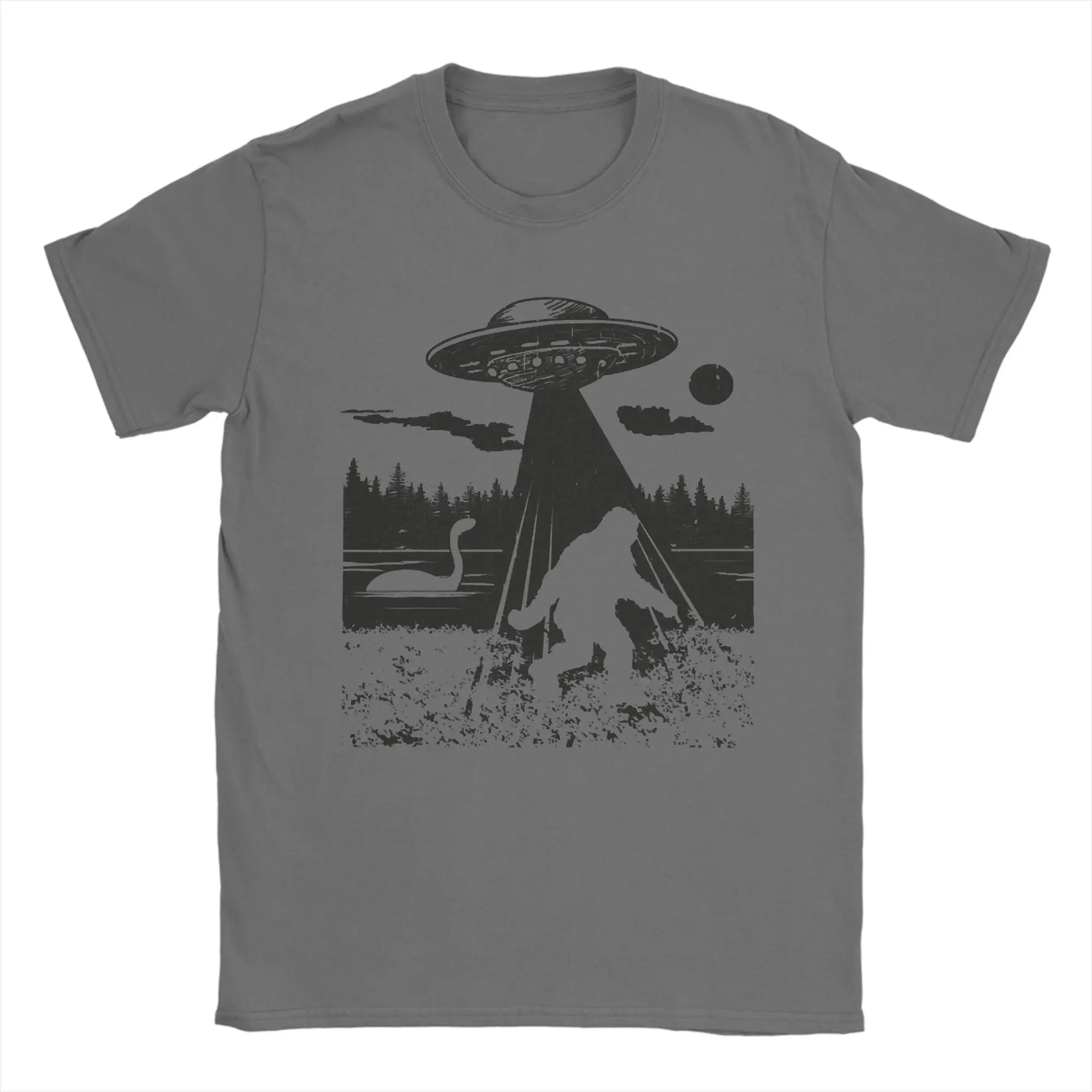 Harajuku Bigfoot UFO Abduction Silhouette T-Shirt For Men Women Cotton Short Sleeve Cryptids Round Neck Summer Top Tee