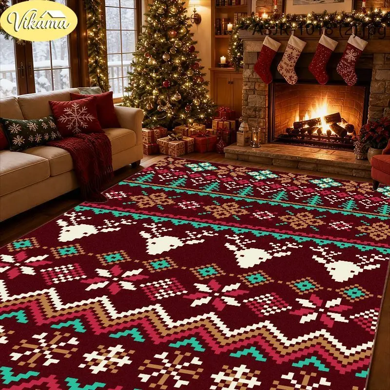 VIKAMA Xmas Large Floor Rug Nordic Fair Isle Reindeer Snowflake Pattern Non Slip Carpet For Living Room Fireplace Holiday Decor