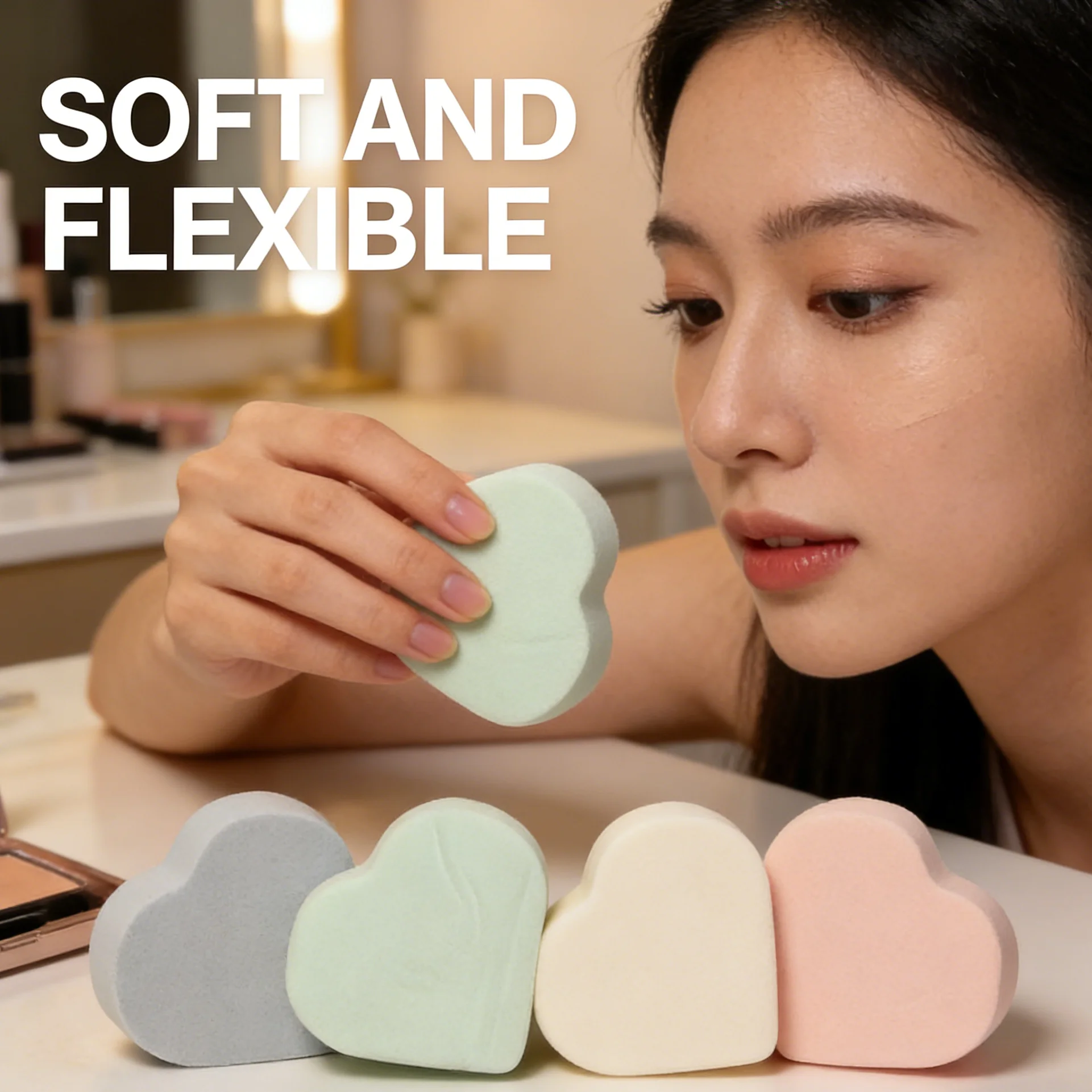 Un ensemble de 4 houppettes en forme de cœur, adaptées à une utilisation à sec et à l'eau, conçues spécifiquement pour l'application de fond de teint.