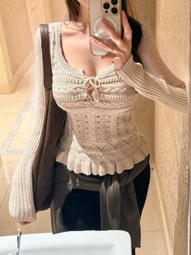 Women's Long Sleeve Knitted Sweater Belted Waist Slim Fit Base Layer Top Hollow out Bow Tie Korean Style Autumn New Arrival
