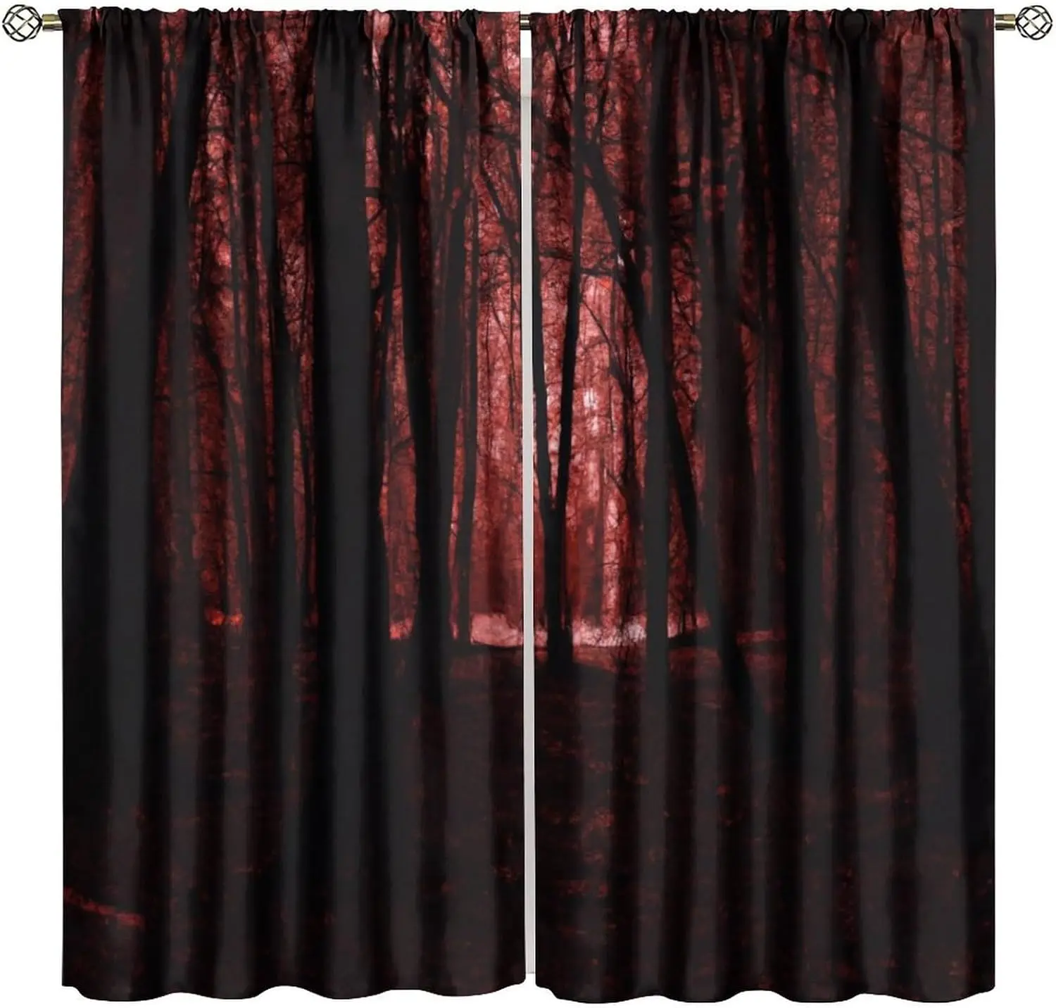 Gothic Dark Red Forest Curtains, Haunted Creepy Landscape Forest Window Treatments Spooky Horror Halloween Trees Window Drapes f