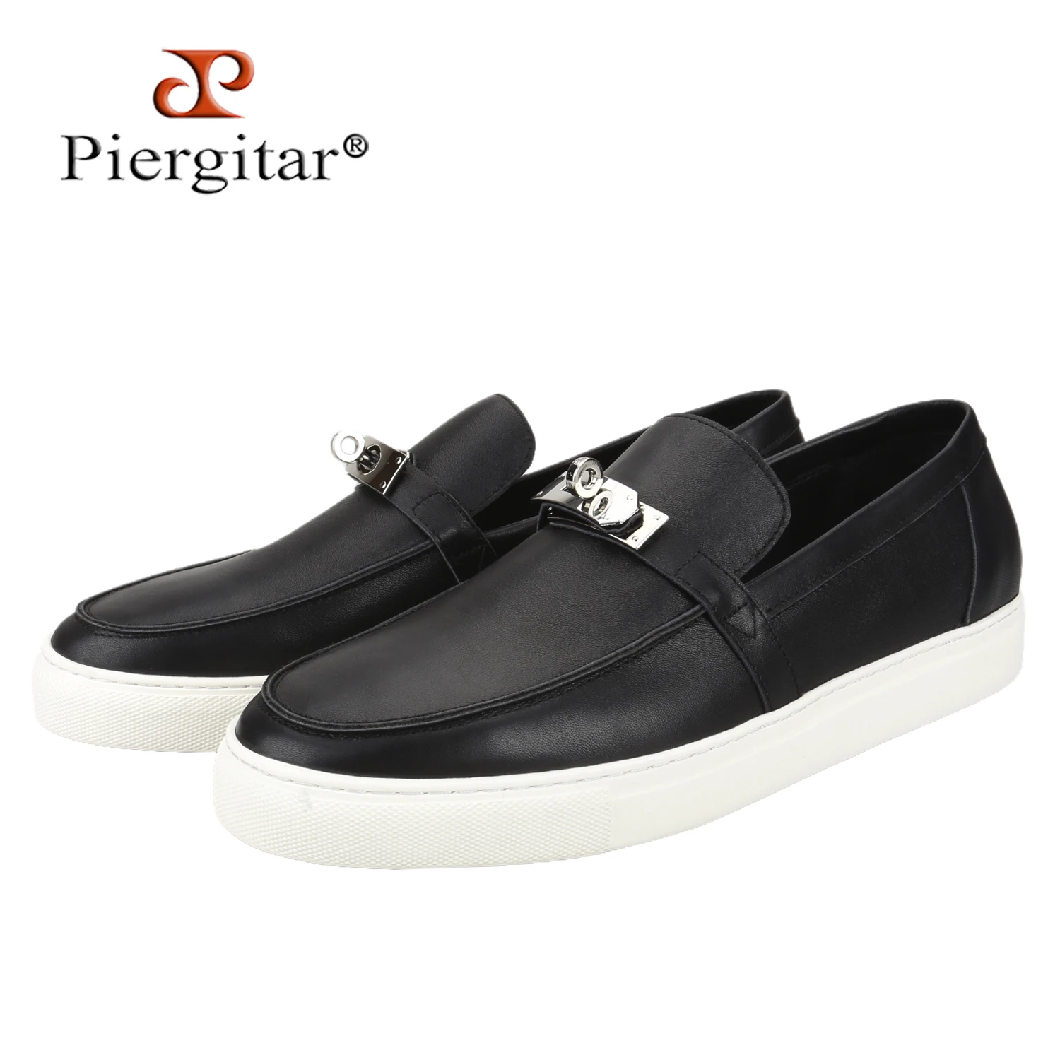 Piergitar Black And White Genuine Leather Slip-On Sneakers With Customized Key Metal Buckles Handcrafted Men's Low-Top Shoes