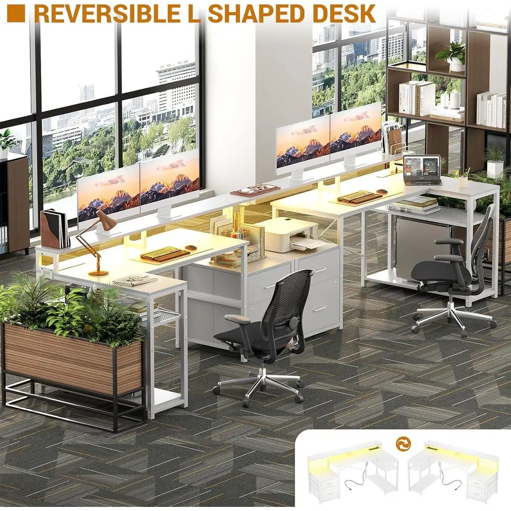 White Corner L-Shaped Desk with File Drawer, Monitor Shelf, Storage, Power Outlet, and LED Strip for Home Office and Gaming
