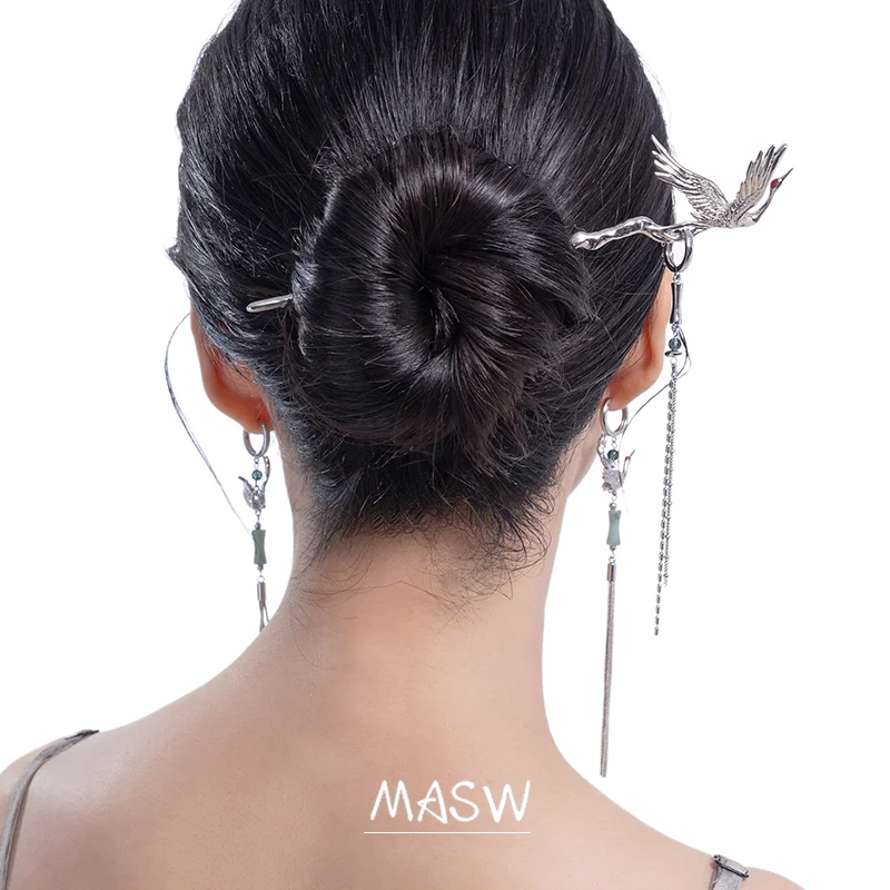 MASW Original Design Vintage Hairpin High Quality Brass Bird Red Crowned Crane Dangle Hairclip For Women Jewelry Hair Wearing