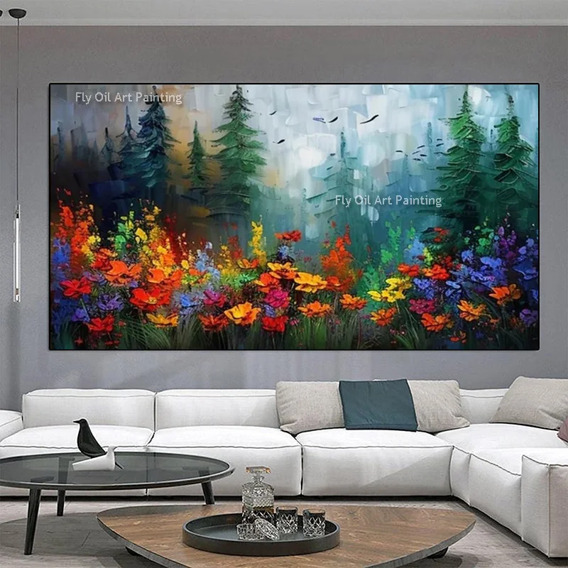 Red Yellow Flowers Field And Green Forest Landscape Oil Painting Modern Blue Yellow Canvas Wall Art Decor For Living Room