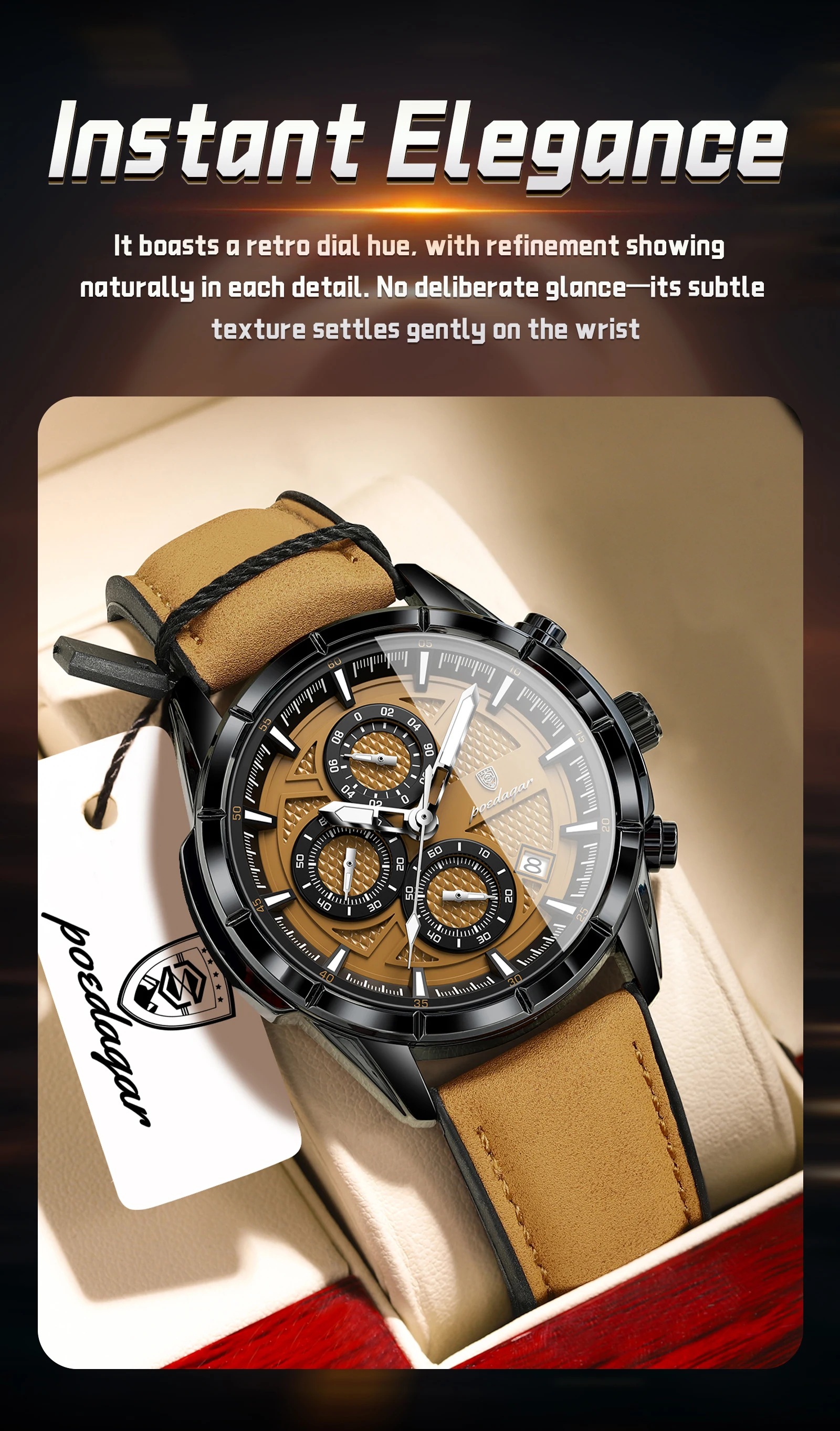 POEDAGAR Top Vintage Herren Armbanduhr Quarz Mode Leder Herrenuhren Datum Chronograph Wasserdicht Leuchtend Business Herrenuhr – Detail 15