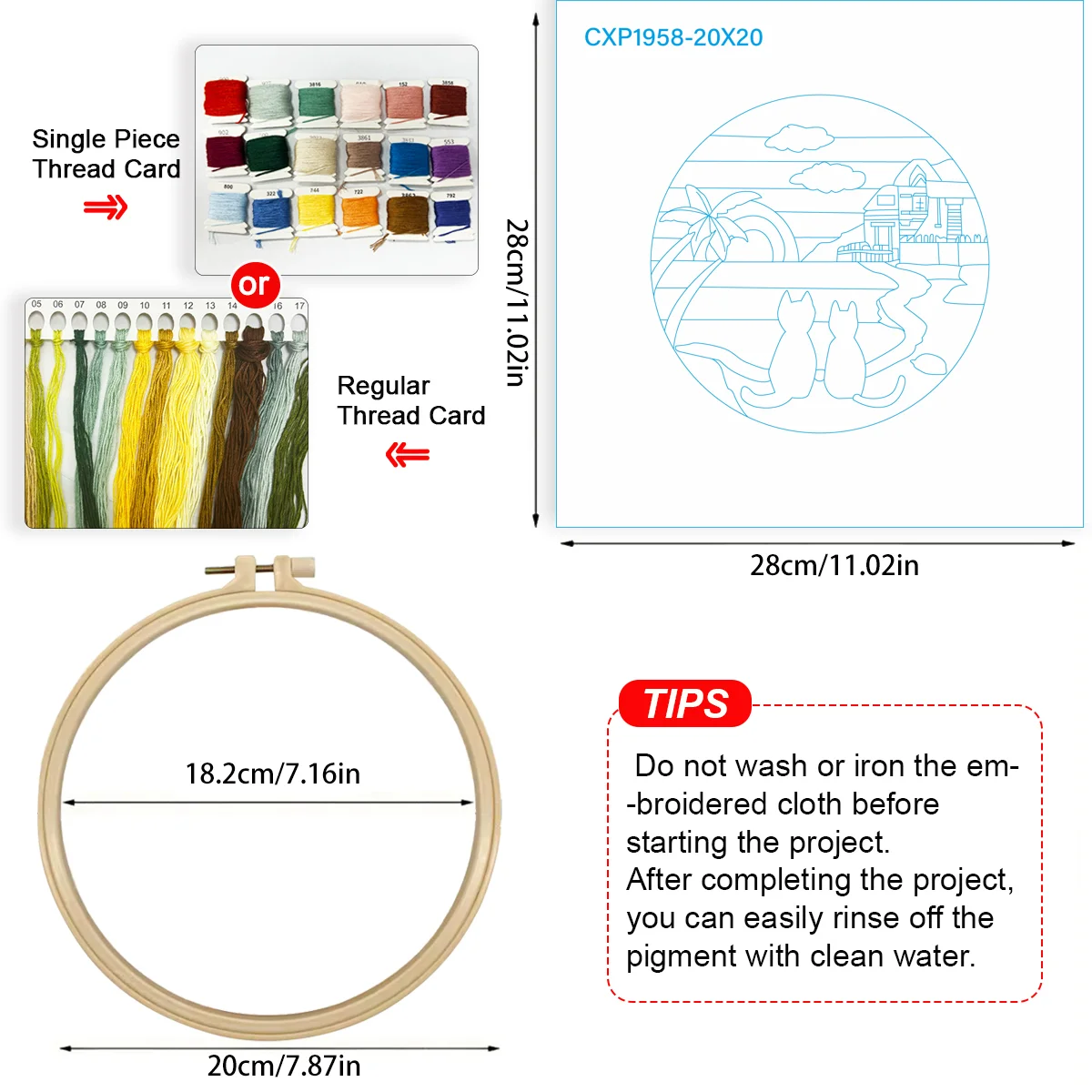 1 Stück 20X20CM/15X15CM 7,87/6,3 Zoll Katzen-Stickerei-Starter-Kit DIY-Kit DIY-Stickerei-Set Handarbeiten Nähkunst Nadelkunst – Detail 5
