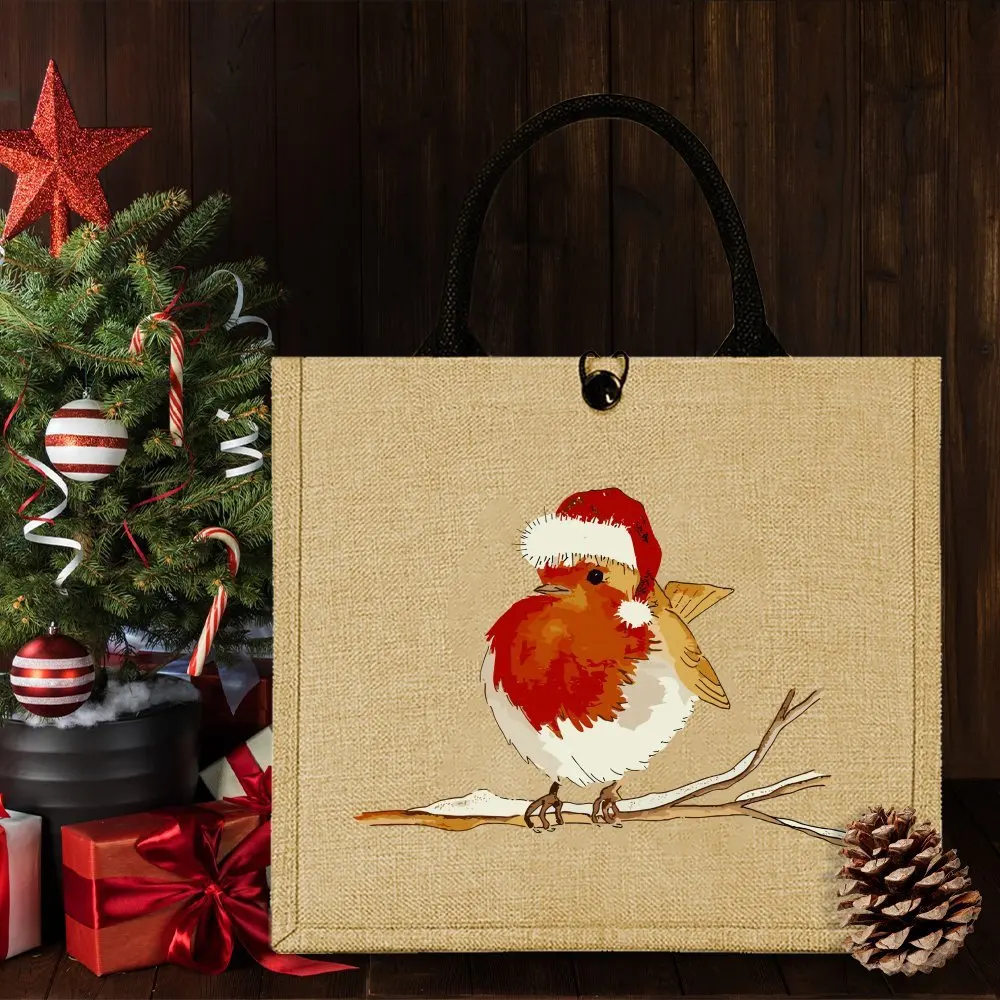 Christmas Robin Bird Santa Hat Print Linen Tote Bag Winter Snow Branch Graphic Reusable Shopping Handbag Xmas Holiday Gift Bag