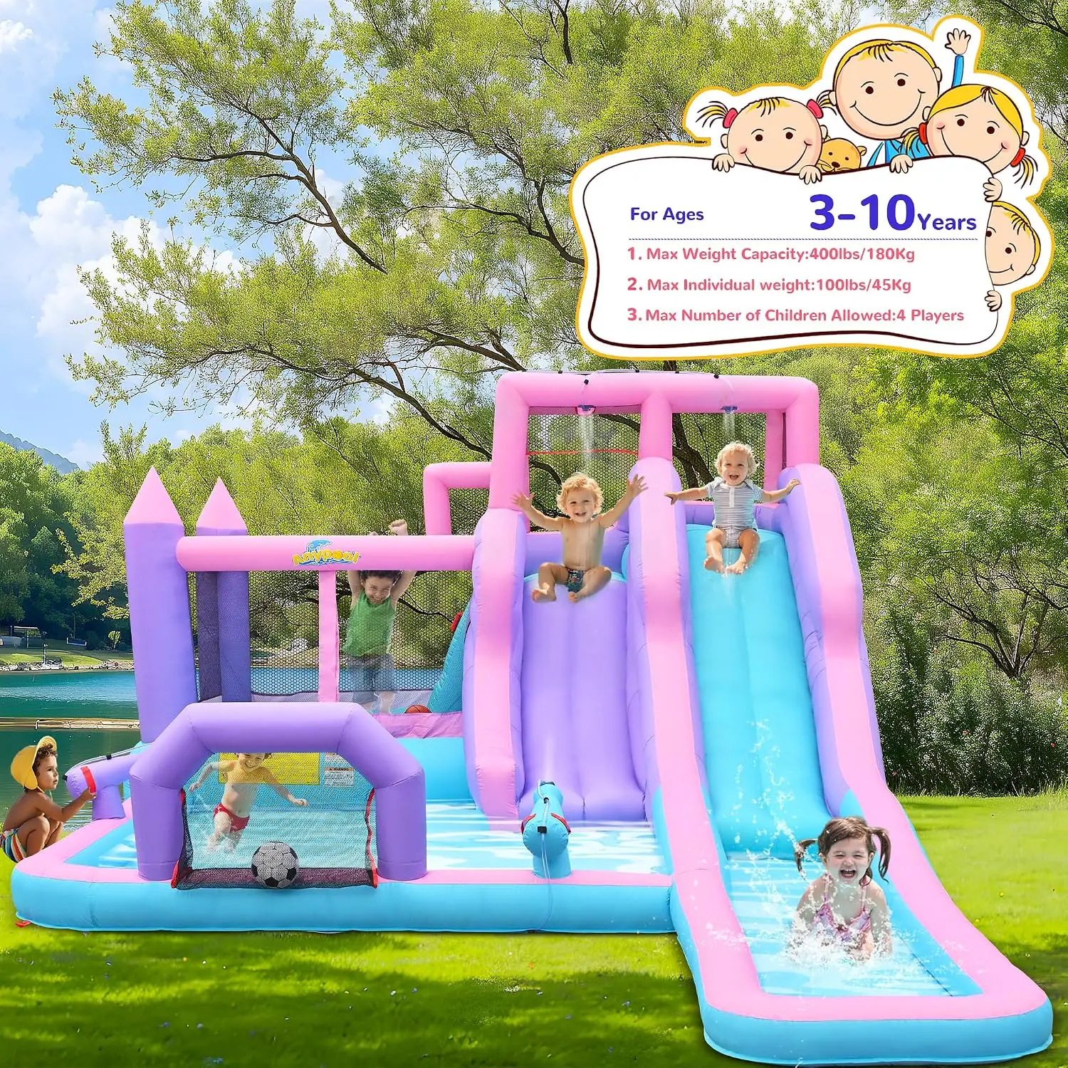 8-in-1 Inflatable Water Slide Park, 20 x 12 Ft Backyard Bounce House for Kids Ages 3-10 with 17.9 Ft Long Slide, 2 Inflatable Bodyboards, Includes 650W Blower