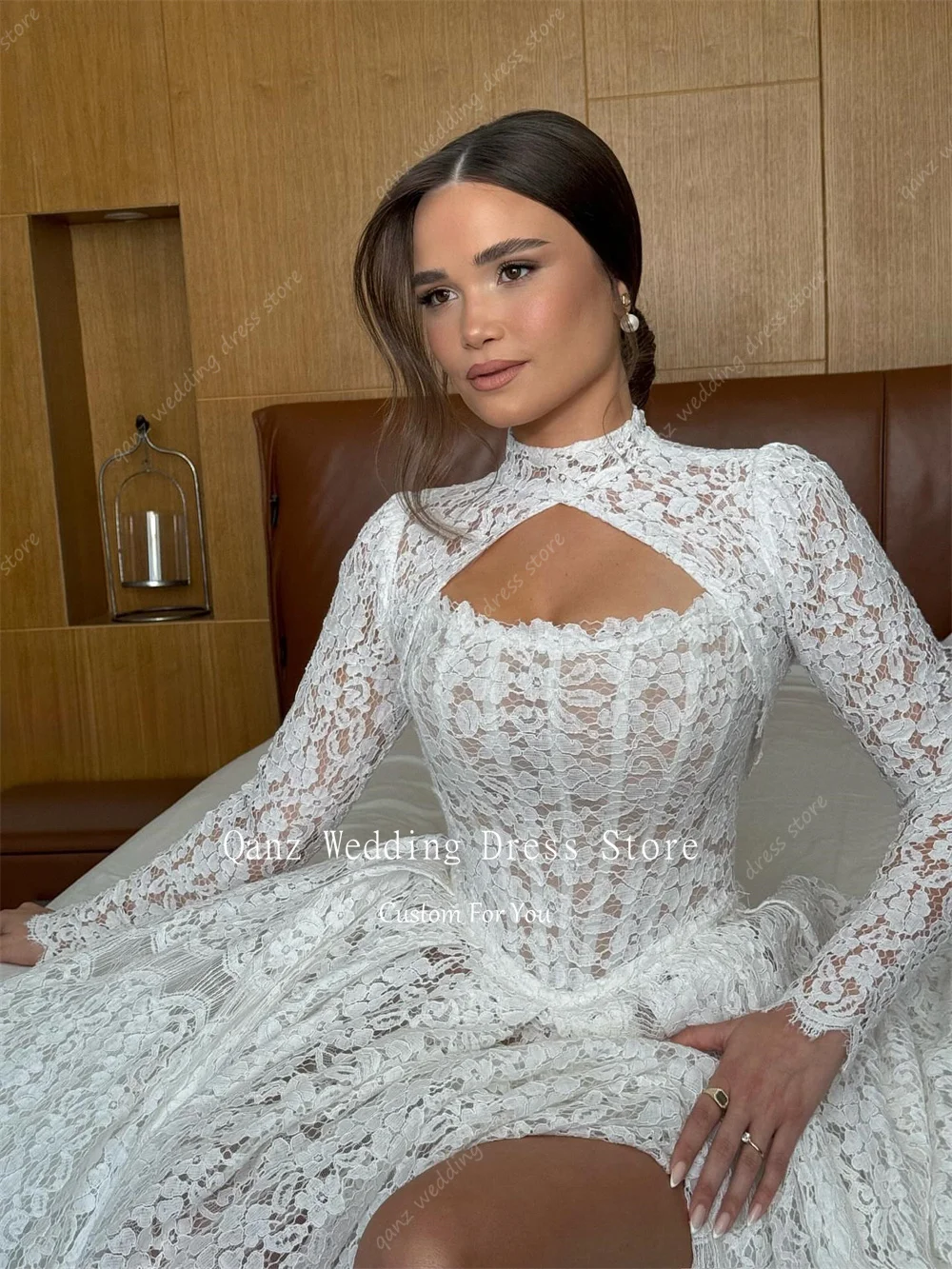 Qanz Lace Appliques Wedding Dresses Luxury With Jacket Long Sleeves Robe De Mariée Long High Slit Vestido De Novia Customized