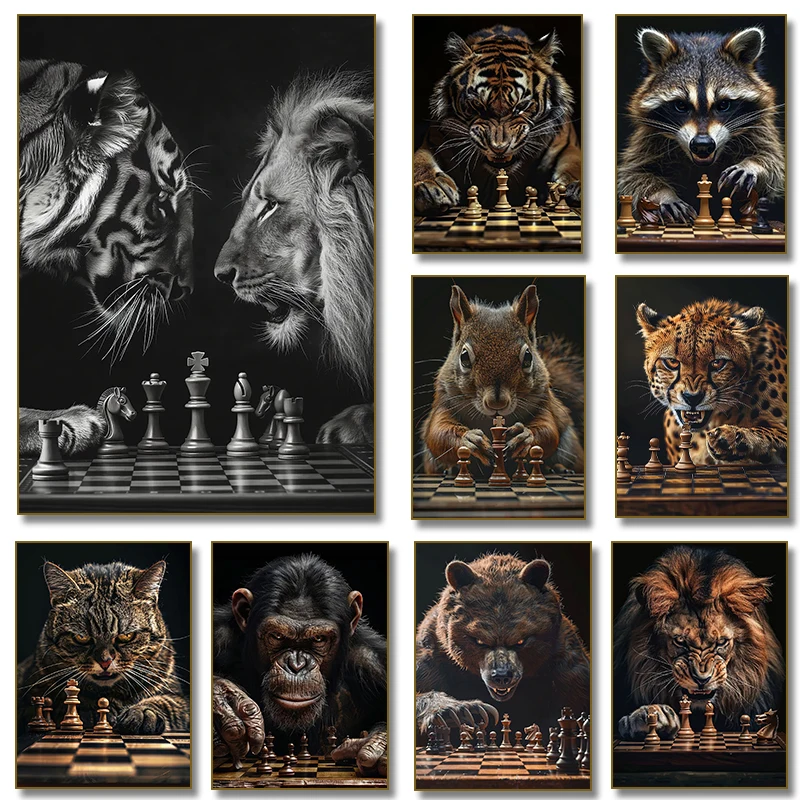 Tiger Vs Lion Chess Raccoon Chimpanzee Bear Leopard Canvas Painting Poster Print Motivational Wall Art Pictures Room Home Dec