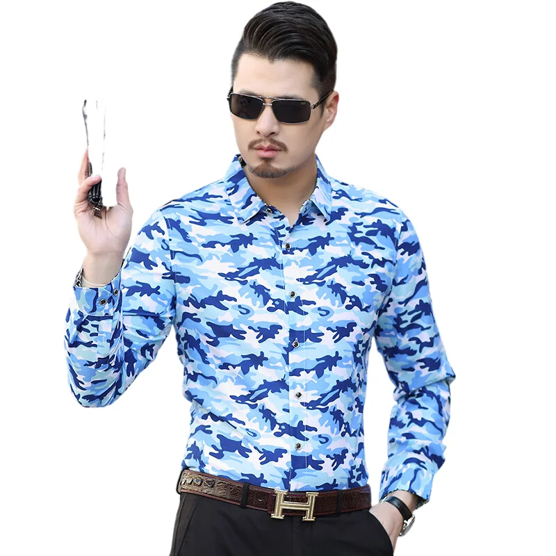 Men's camouflage print Long Sleeve Shirt male Business leisure Outdoor work dress shirt fashion slim plus size tosp clothing