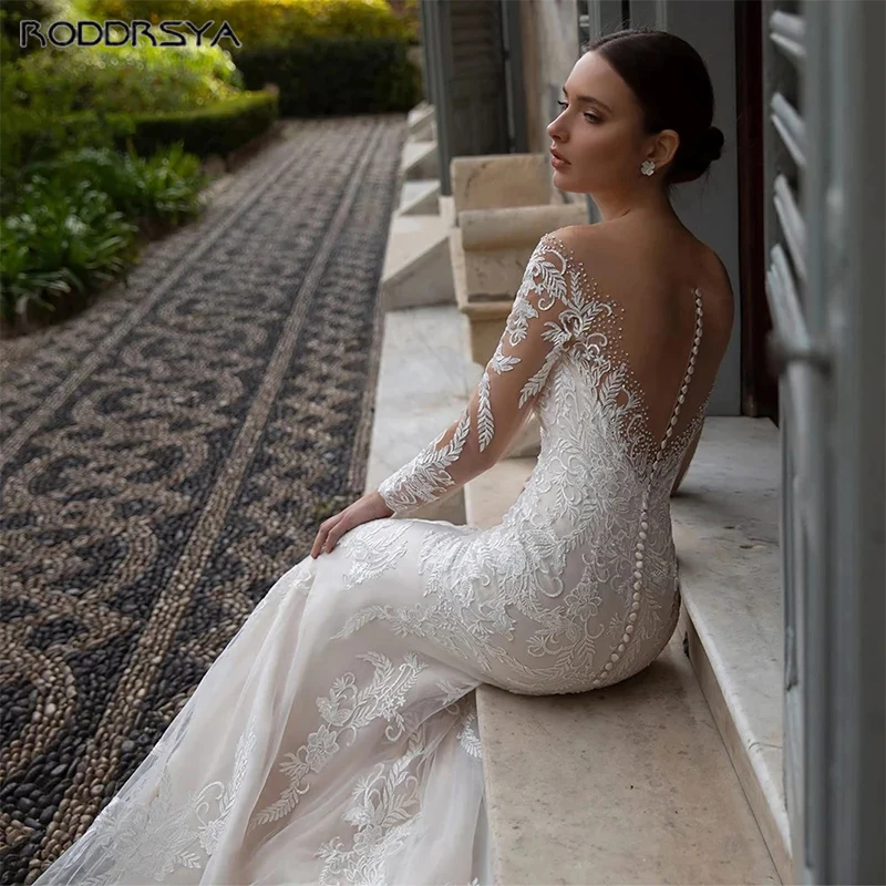 RODDRSYA V-Neck Illusion Mermaid Civil Wedding Dresses For Woman Long Sleeves Applique Wedding Gowns Sexy Vestidos De Novia 2023