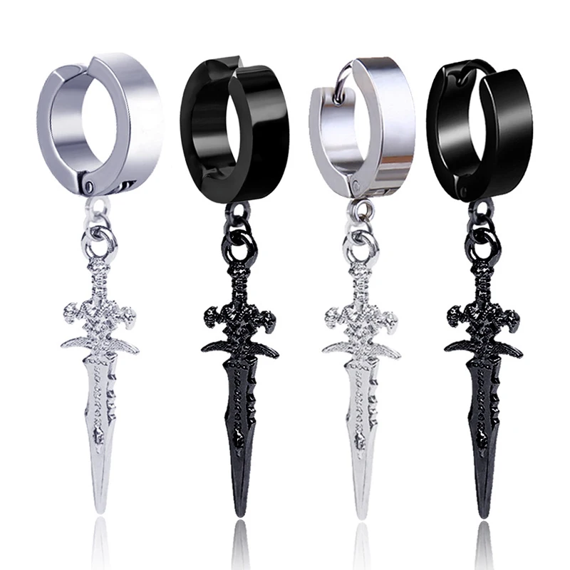 1/2pcs Fashion Cool Retro Stainless Steel Sword Pendant Hoop Earrings Non-Piercing Ear Clips Drop Dangle Earrings for Men Women