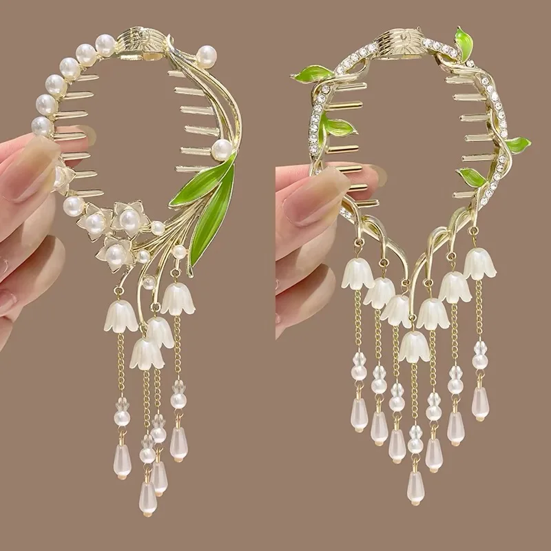 Amxiu Pearl Tassel Rhinestone Hair Clasp Bun Maker Hair Claw For Girls High Ponytail Hair Clip Temperament Hanfu Headdress 2024