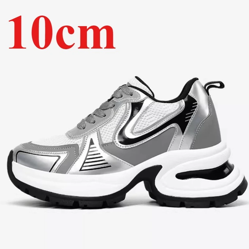 Silvery Dad's Shoes Women's 10cm Elevator Shoes Chunky Sneakers Genuine Leather Thick Sole Height Increasing Casual Sports Shoes