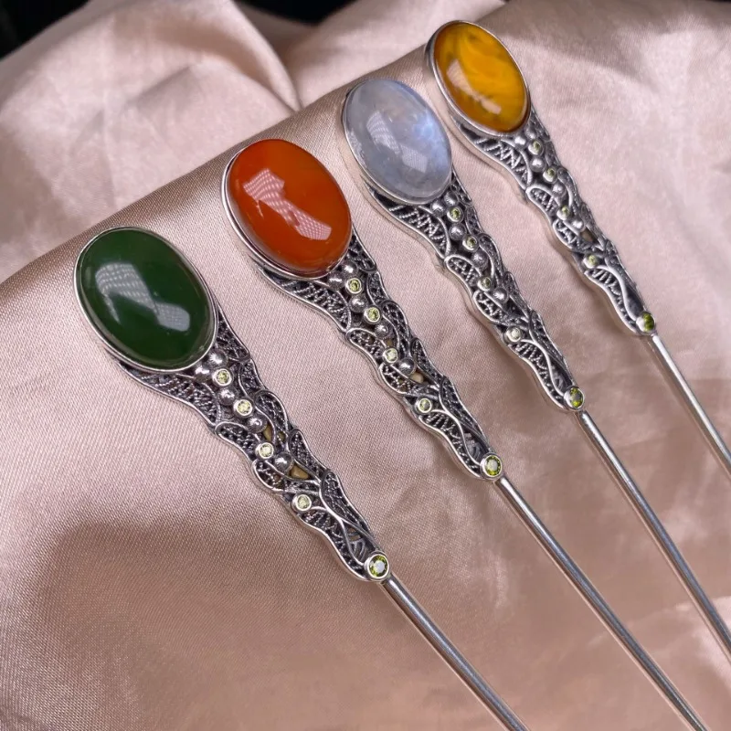 

Hetian jasper south red moonstone hairpin s925 silver inlay