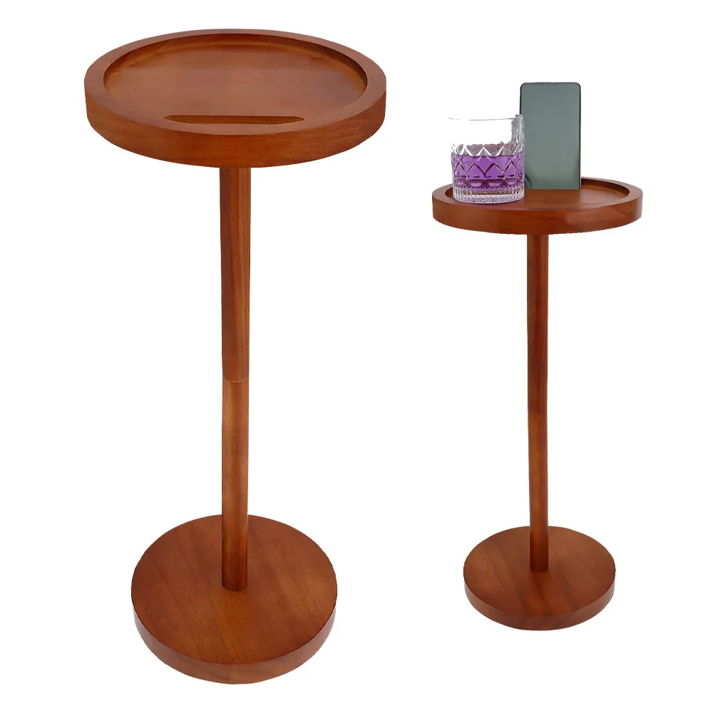 Pedestal Side Table Wooden Weighted Base Drink Table Small Round Side Table with Phone Holder for Home Apartment Dormitory