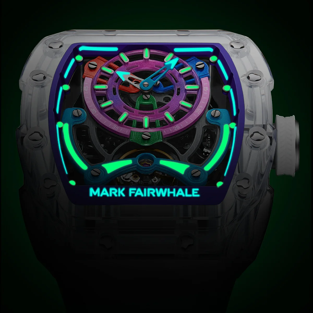 Mark Fairwhale Men Automatic Watch 48mm Acylic Tonneau Mechanical Wristwatch Skeleton Dial 30M Waterproof Luminous