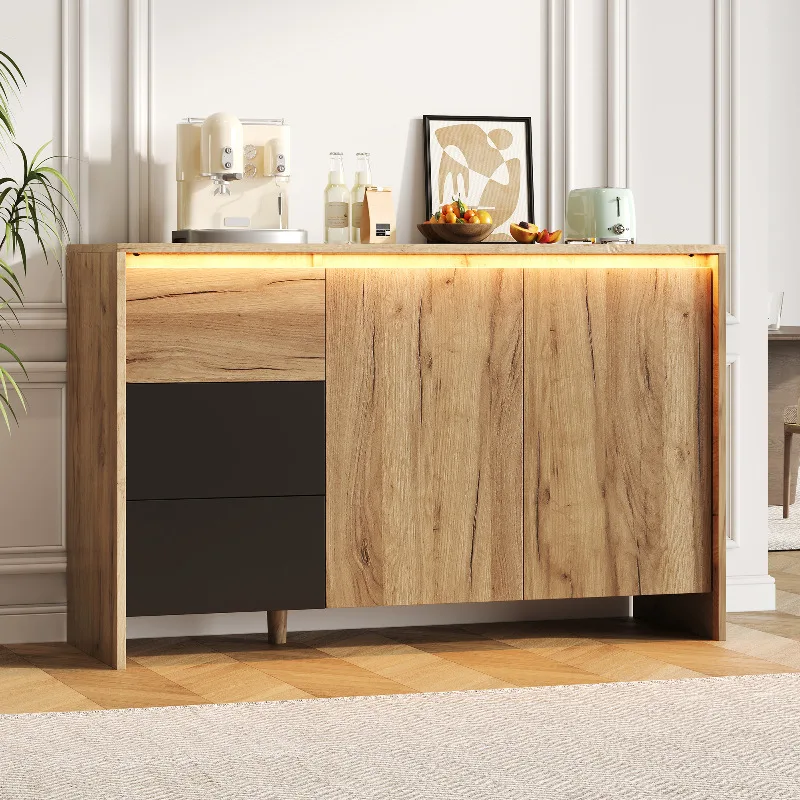 Aparador de Madera Negro de 120x76x40cm con 3 Cajones y 2 Puertas, Mueble Buffet con Luz LED Multicolor para Sala de Estar, Comedor o Pasillo