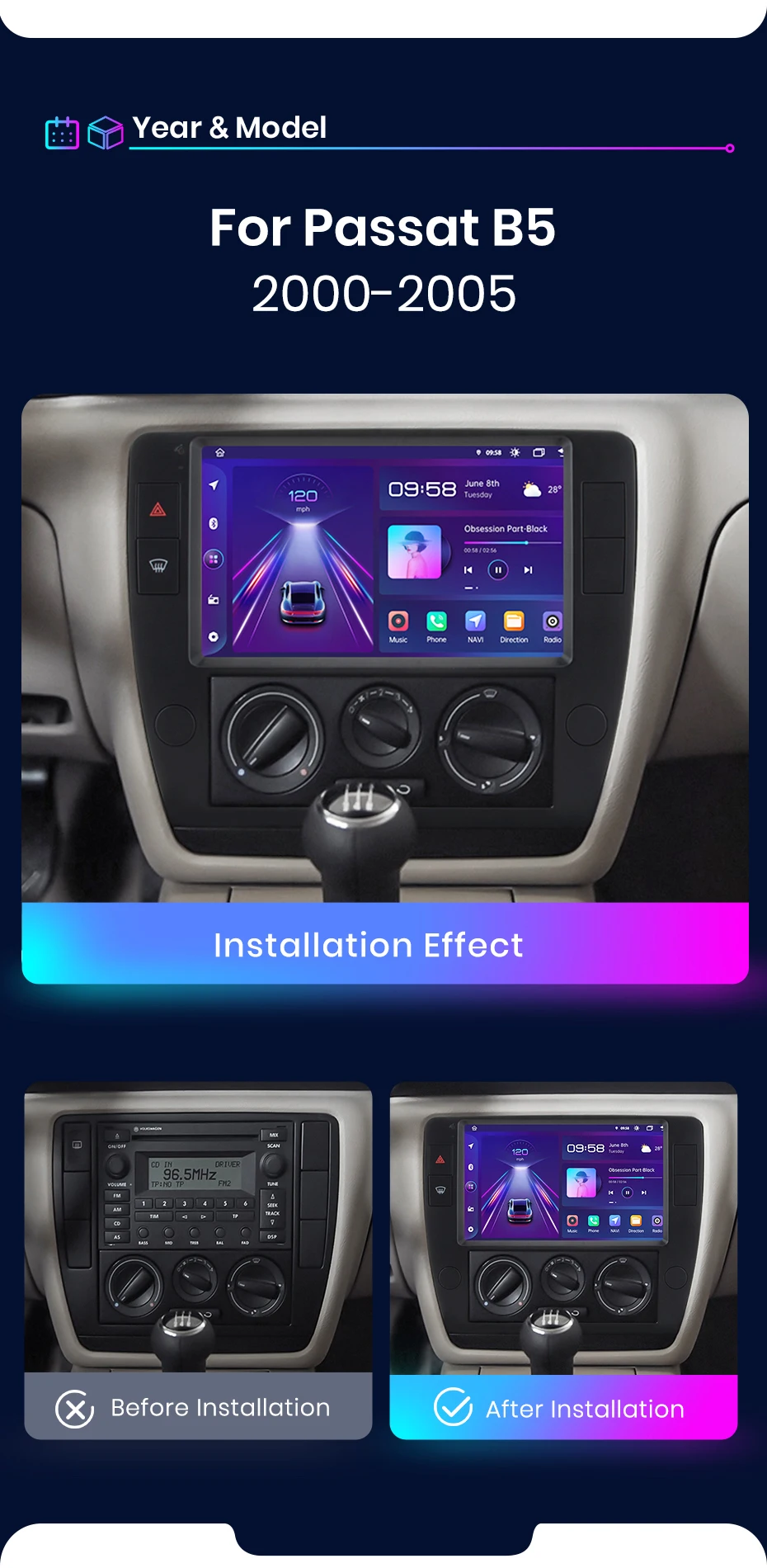 Junsun Kabelloses Carplay Android Auto Autoradio für Passat B5 2000 2001 2002 - 2005 GPS Intelligente Systeme Multimedia Autoradio – Detail 5