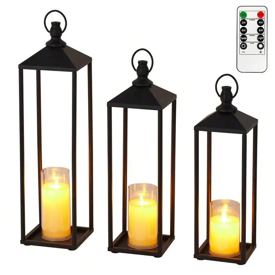 22' 19' 17' Lanterns Decorative,Large 2 Pack Lanterns Decorative For Outdoor Indoor,Black Metal Candle Lanterns Christmas Lanter