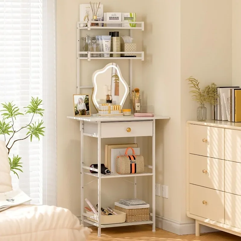 Compact White Dressing Small Vanity Desk Without Mirror, Makeup Vanity Table for Small Space,