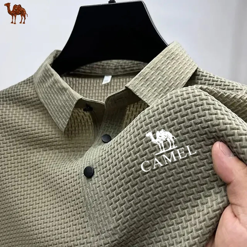 Camiseta de camelo monocromática masculina, marca de alta qualidade, camisa polo personalizada, moda casual, baixo preço, popular, primavera e