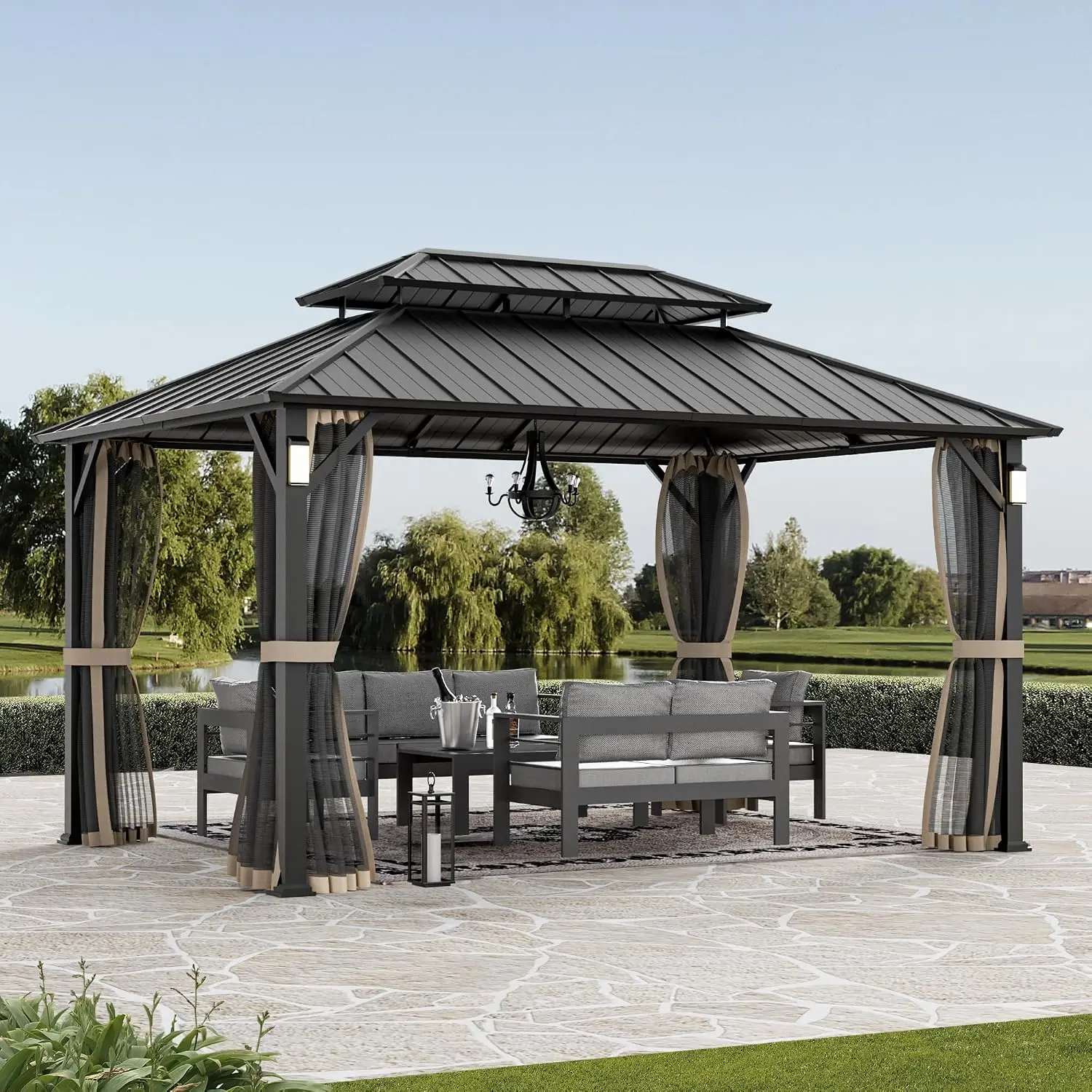 Modern Shade The Horizon Hard Top Gazebo 10' x 14' with 4 LED Lights, Permanent Hardtop Gazebo with Galvanized Steel Double Roof