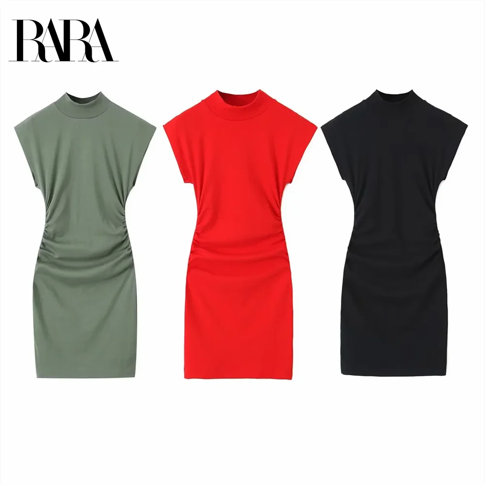 

2025 RARA Women's High - neck Sleeveless Ruched Bodycon Dresses in Olive Red and Black for a Trendy and Elegant Look