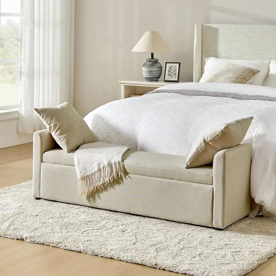 Modern Storage Bench with Throw Pillows, 59.4 Extra Long Bedroom Ottoman Bench for End of Bed, Comfy Upholstered Footstool for