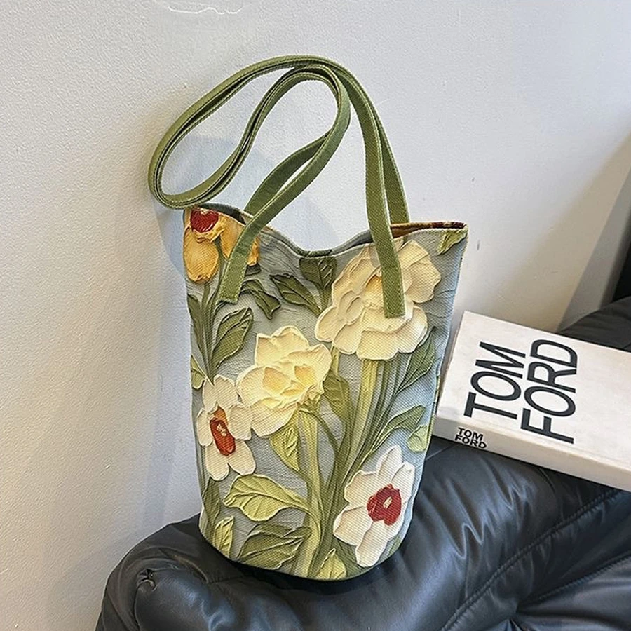 Oil Painting Floral Niche High-End Shoulder Bag, Versatile Niche Large-Capacity Handbag for Commuting, Bucket Bag