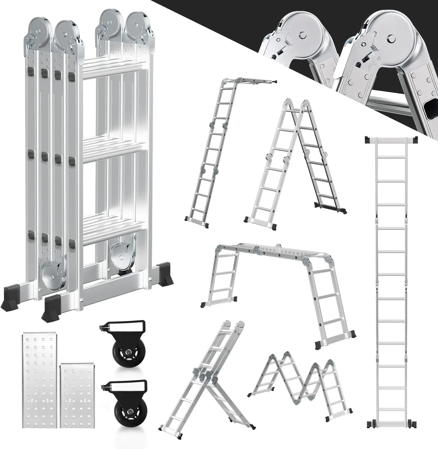 3,6M Aluminium-Mehrzweckleiter 4x3 Stufen, Multifunktionsleiter mit Plattform, Alu-Leiter mit 2 Gerüstplatten, Klappleiter 16