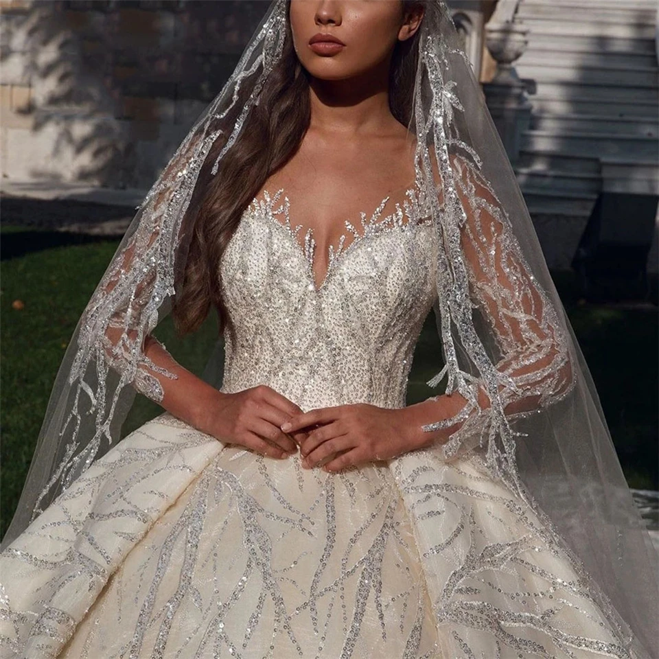 Magnifique robe De bal paillettes brillantes chérie robe De mariée 2025 Illusion manches longues robes De mariée saoudien arabe robes De Noiva