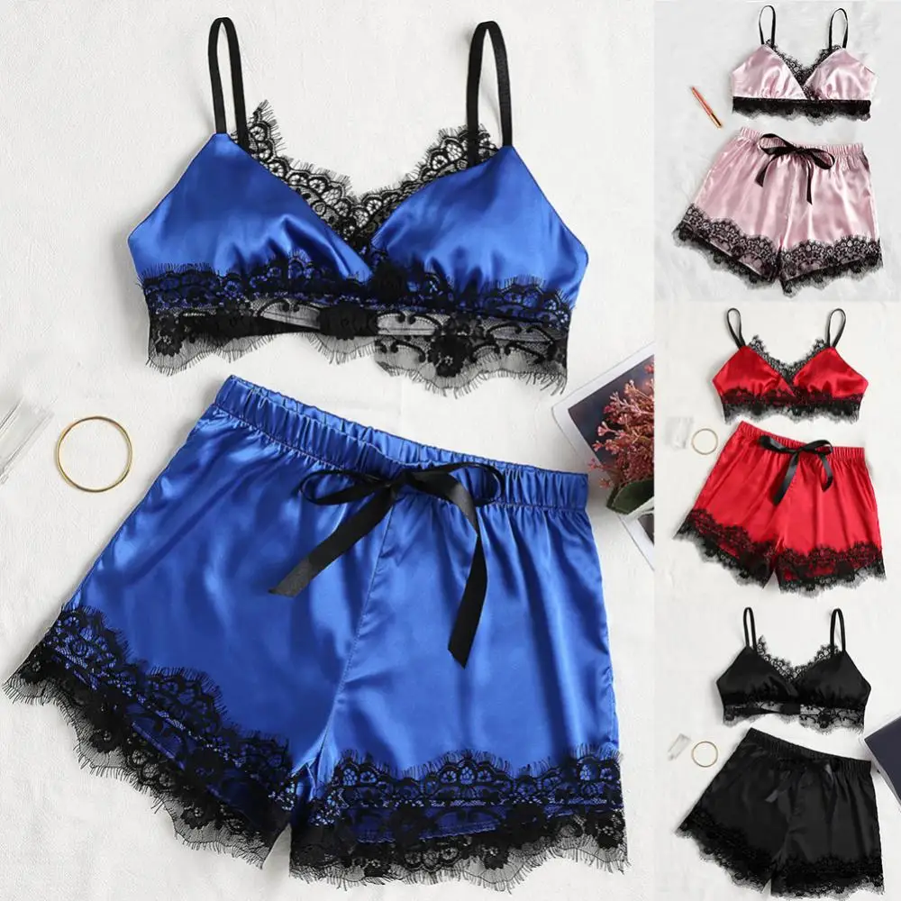 Women Sleepwear Sexy Lace Patchwork Set Spaghetti Straps Bra Elastic Bow Shorts Pajamas Lingerie Bathrobe Silk Satin Nightwear