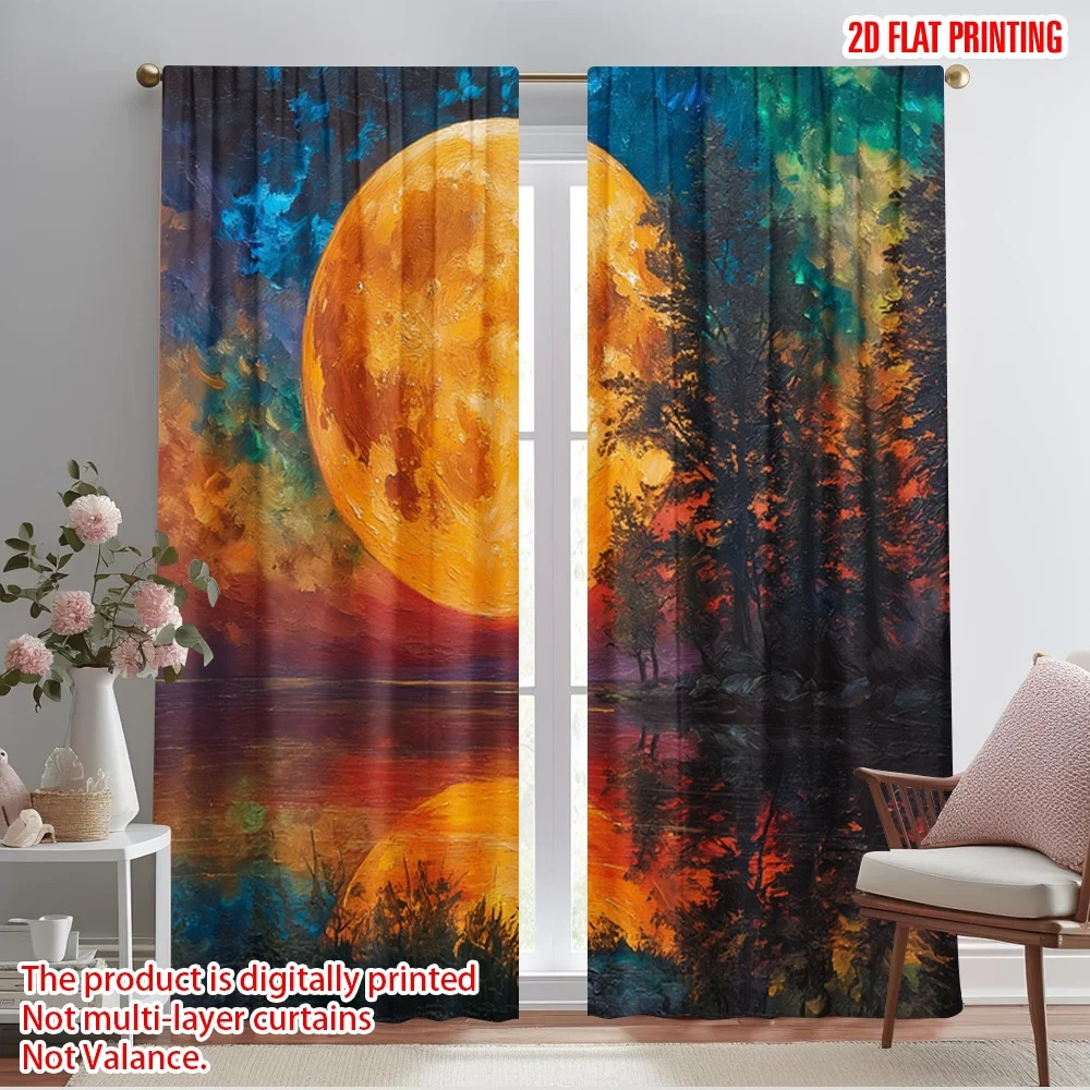 2pcs,2D plane printing Popular Curtains Moonlit Canvas Durable 100% Polyester Fabric (without rod) Decorations Inside Use for