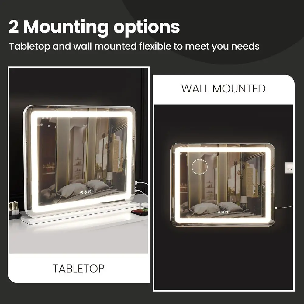 Miroir de courtoisie éclairé par LED 23x18 avec loupe 10X, 3 modes de couleur et port USB