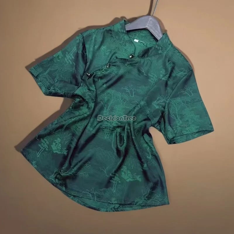 

2025 new chinese style national jacquard short sleeve stand collar cheongsam shirt for women spring elegant retro tang suit top