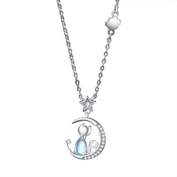 European Sparkling S925 Sterling silver Pave AAA CZ Cat Moon Pendant Necklace Clavicular Chain For Women Birthday Gift Jewelry