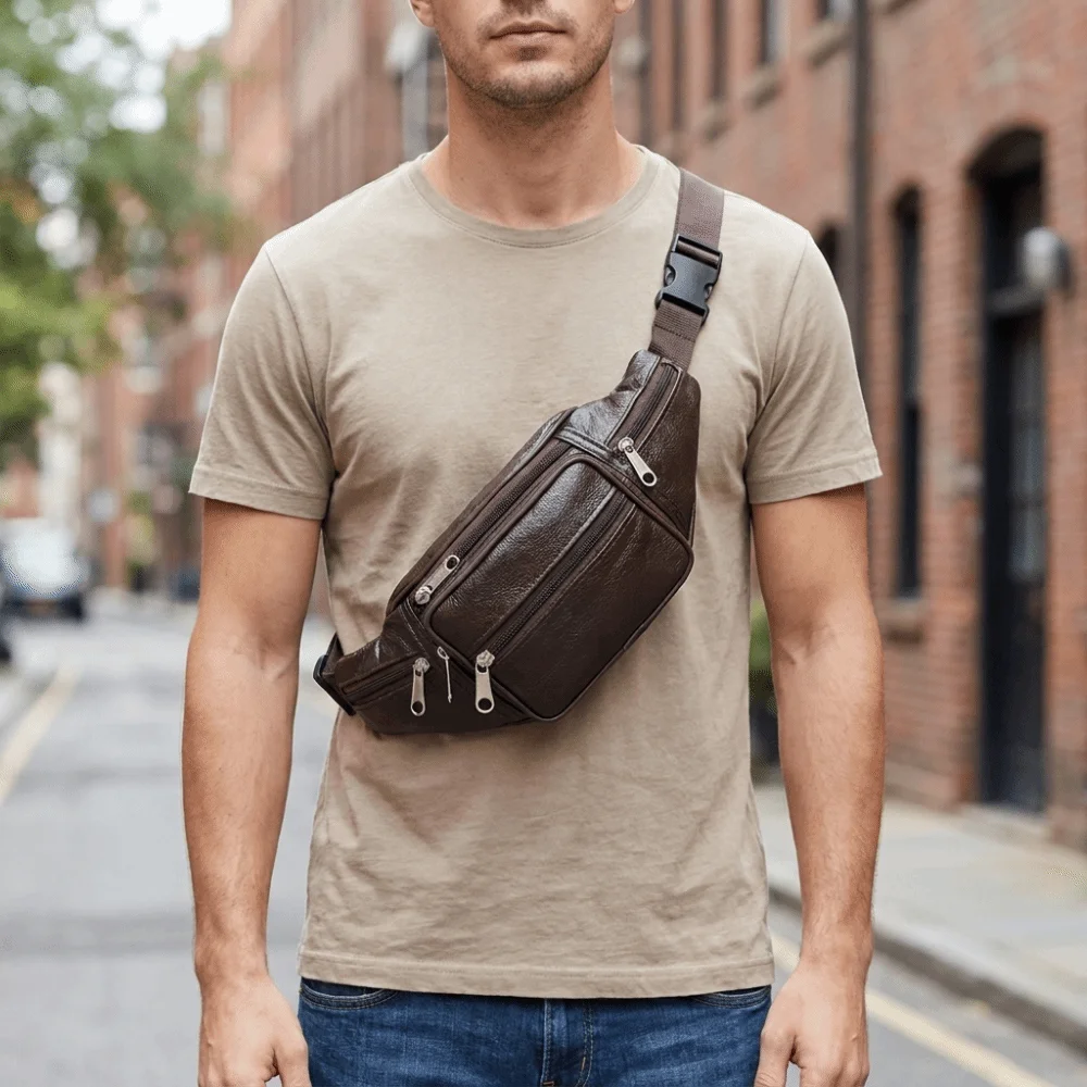 Vintage Adjustable Strap PU Leather Waist Bag Multi Pockets Soft Fanny Pack HandsFree Crossbody Chest Bag For Outdoor