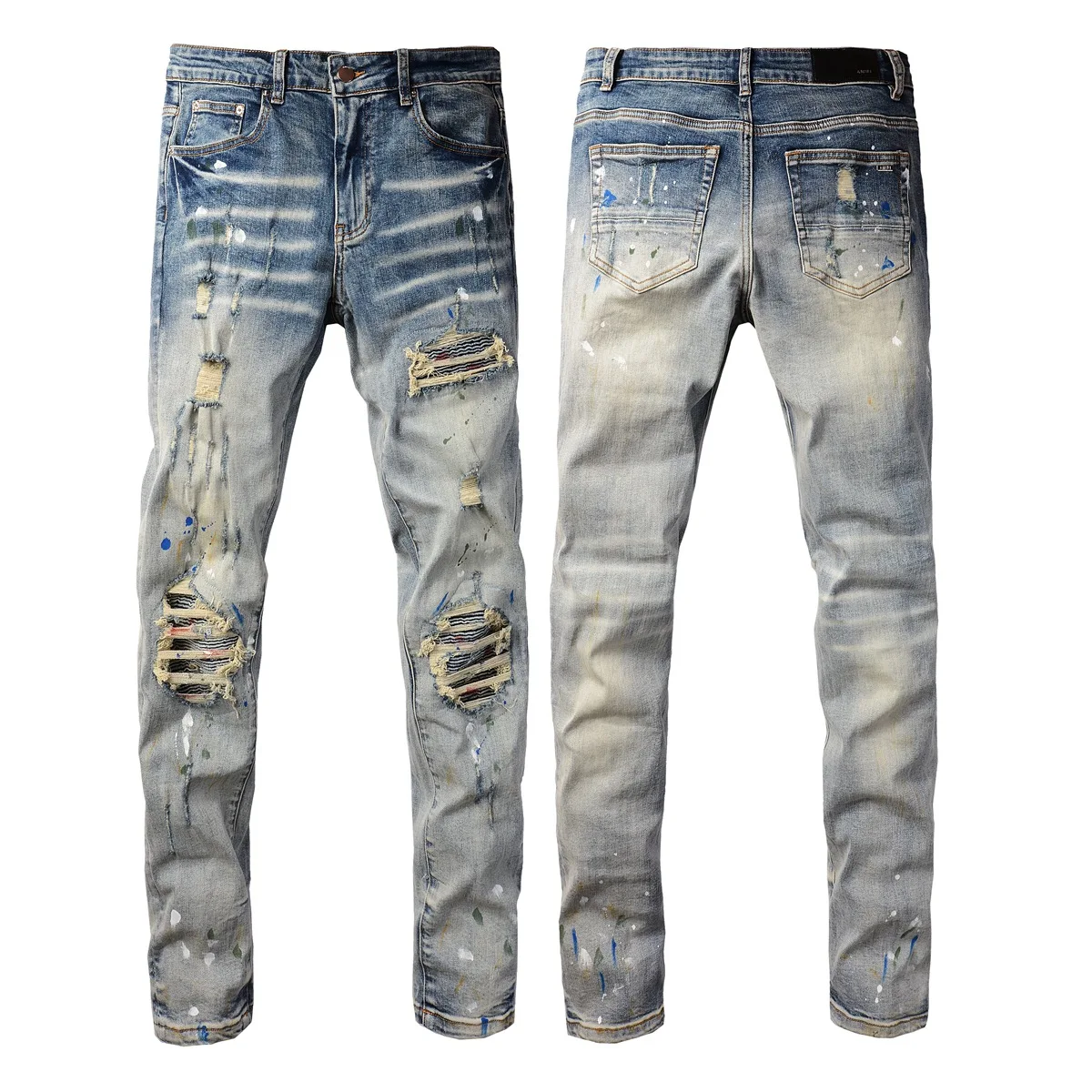 

New American High Street High Quality amir Pants with Broken Patches Paint Blue Vintage Elastic Jeans