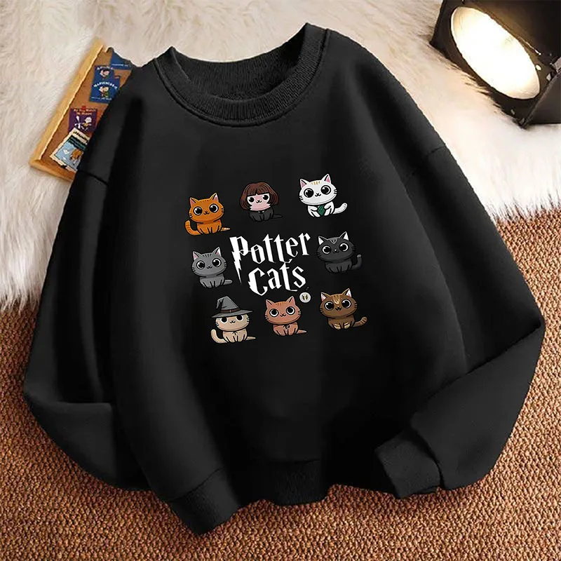 cute Children's Sweatshirt Pullover Spring Potter Cat Crew Neck Graphic Print Hoodie Boy/Girl Kids Hoody
