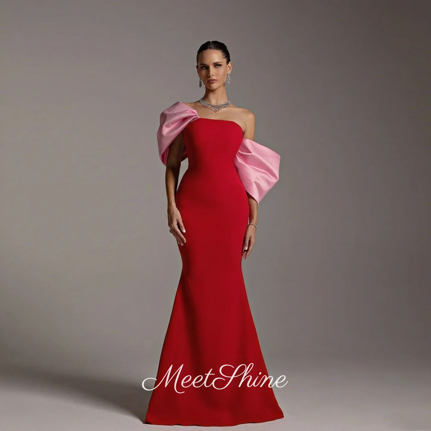 

Simple Red and Pink Strapless Evening Dresses Mermaid Satin Bow Off Shoulder Sweep Train Wedding Gowns Prom Dresses Customized