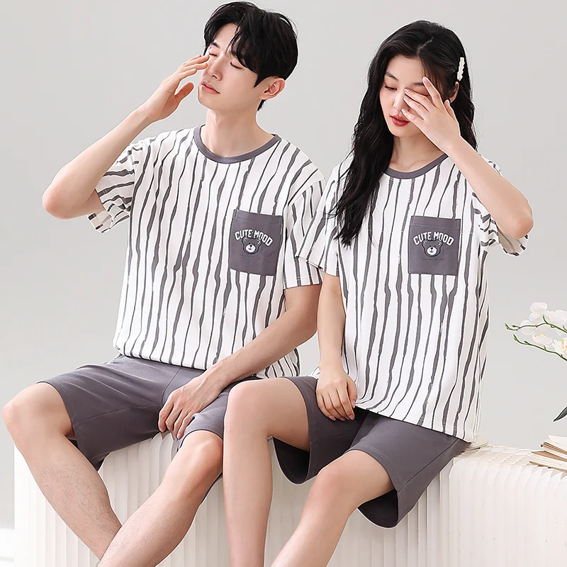 

Summer Cotton Pajamas Set Cartoon Cute Loose-fit Home Clothes For Couples Men Women Short Sleeve Bedwear pijamas feminino