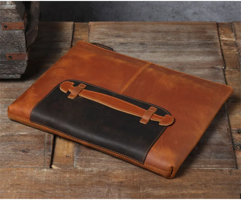 Pochette da uomo vintage in vera pelle di grande capacità, semplice borsa per documenti A4 per laptop da lavoro fatta a mano in vera pelle di vacchetta naturale