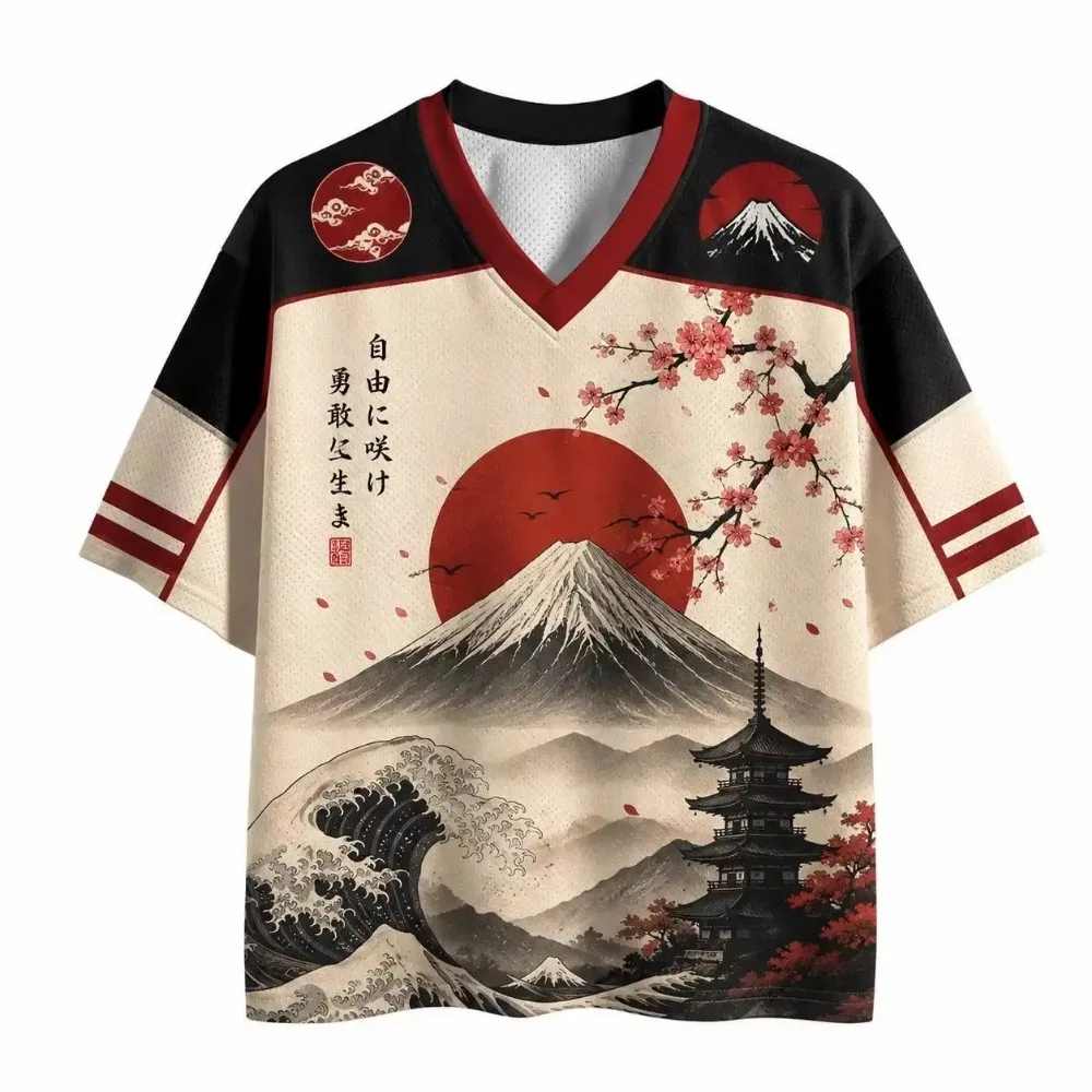 Japanese Ukiyo-e of Mount Fuji Cherry Blossom Wave Sport Quickdry Breath 3D Print Men V-Neck T-Shirt Street Fashion Parent-child